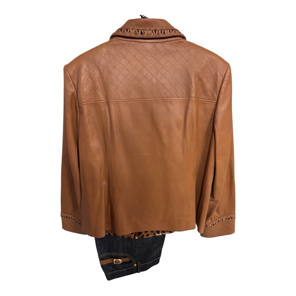 NWOT St. John Collection 3pc Cognac Leather Jacket, Animal Tank, Jeans 16/M/14 - Picture 2 of 16